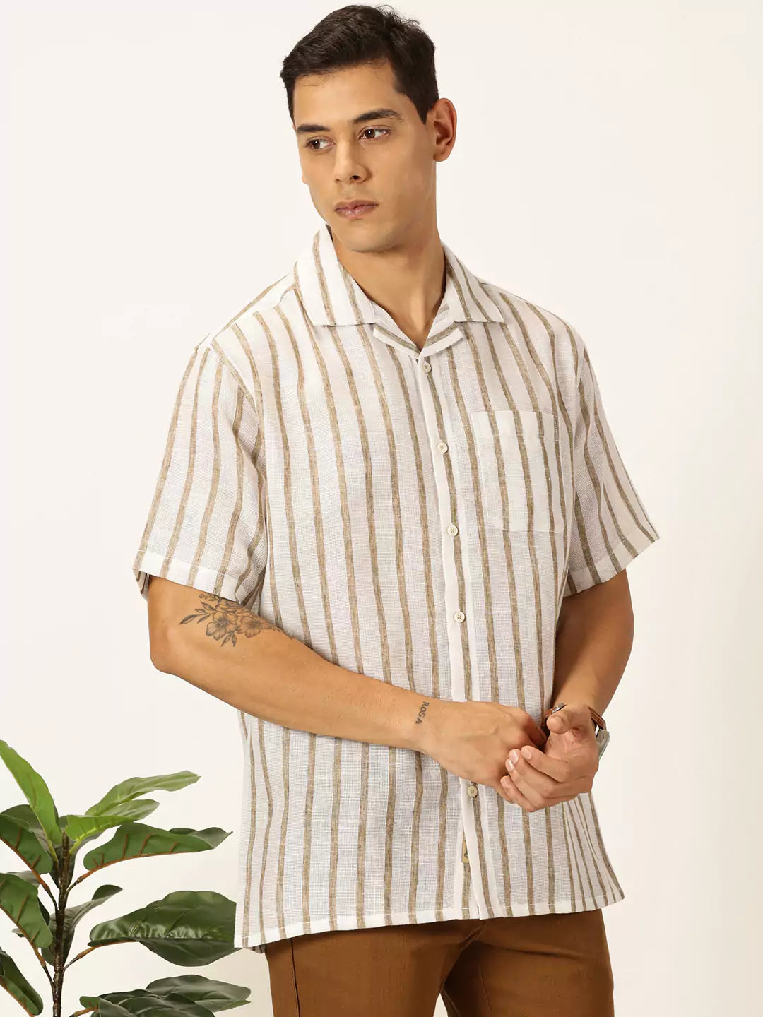 Thomas Scott Men Premium Vertical Stripes Cotton & Linen Casual Shirt
