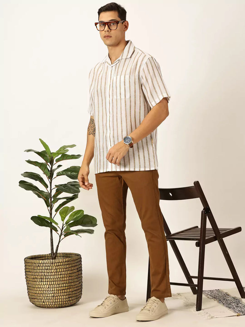 Thomas Scott Men Premium Vertical Stripes Cotton & Linen Casual Shirt