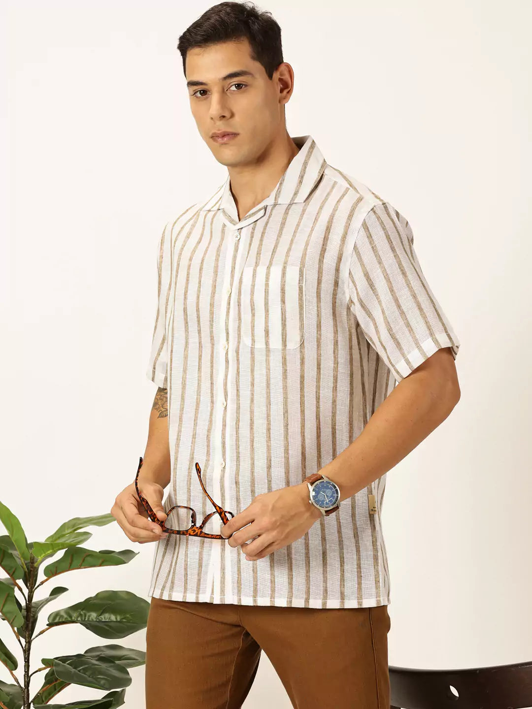 Thomas Scott Men Premium Vertical Stripes Cotton & Linen Casual Shirt