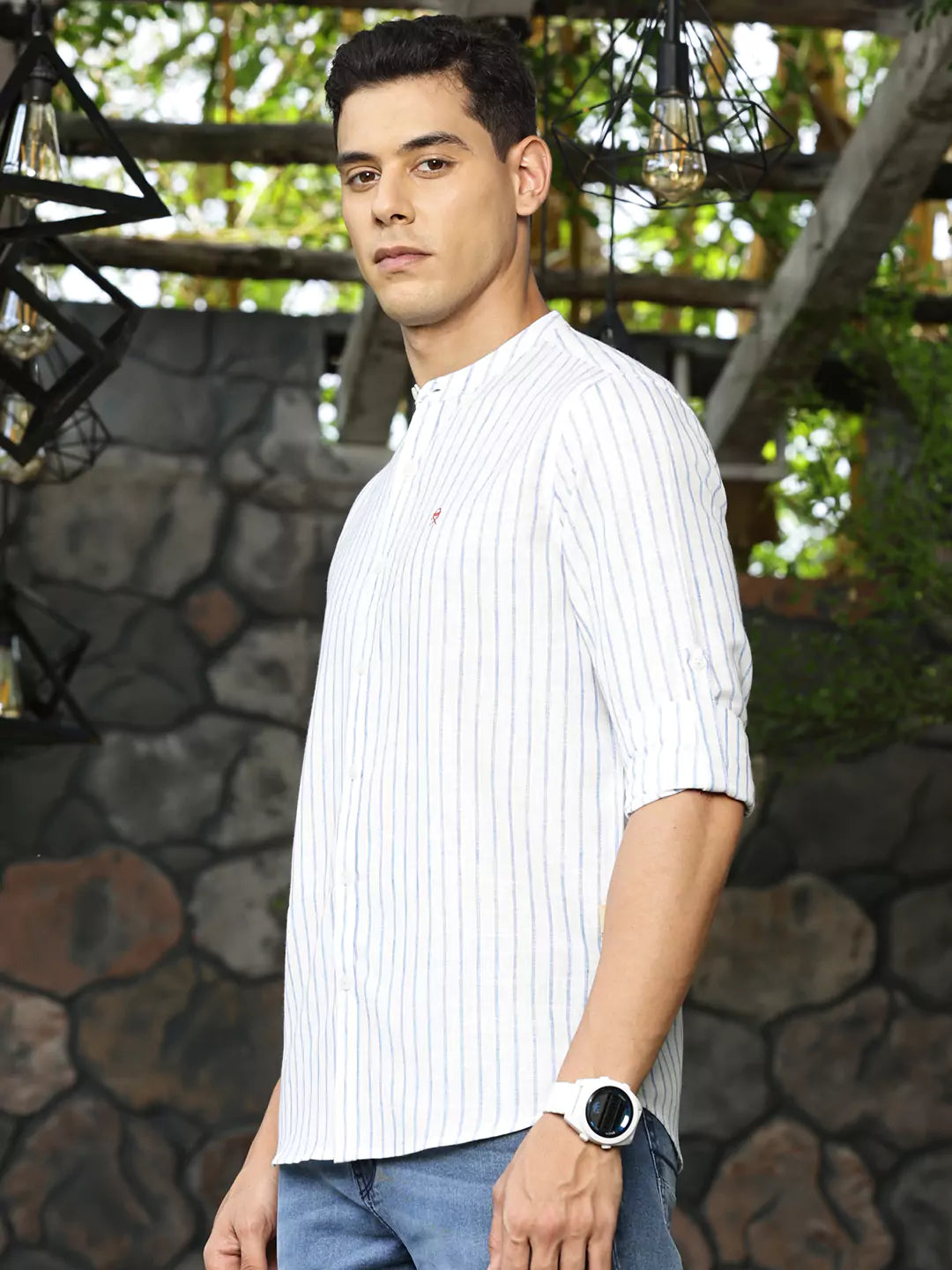 Thomas Scott Men Premium Slim Fit Striped Roll-Up Sleeves Linen Cotton Casual Shirt
