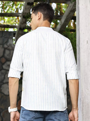 Blue Premium Slim Fit Striped Roll-Up Sleeves Linen Cotton Casual Shirt For Men
