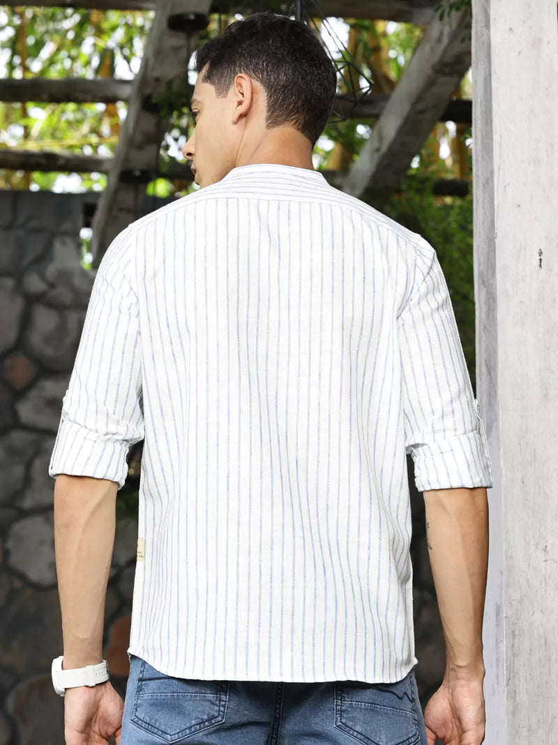 Thomas Scott Men Premium Slim Fit Striped Roll-Up Sleeves Linen Cotton Casual Shirt