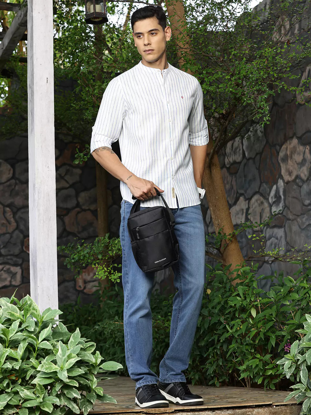 Thomas Scott Men Premium Slim Fit Striped Roll-Up Sleeves Linen Cotton Casual Shirt