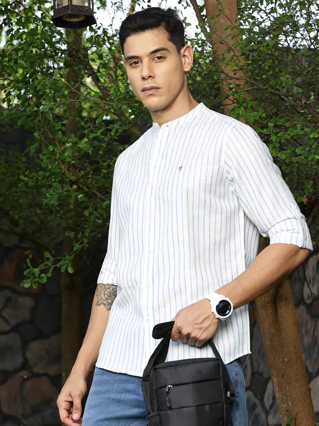 Thomas Scott Men Premium Slim Fit Striped Roll-Up Sleeves Linen Cotton Casual Shirt