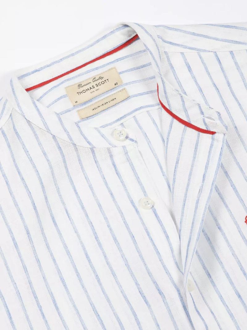 Thomas Scott Men Premium Slim Fit Striped Roll-Up Sleeves Linen Cotton Casual Shirt