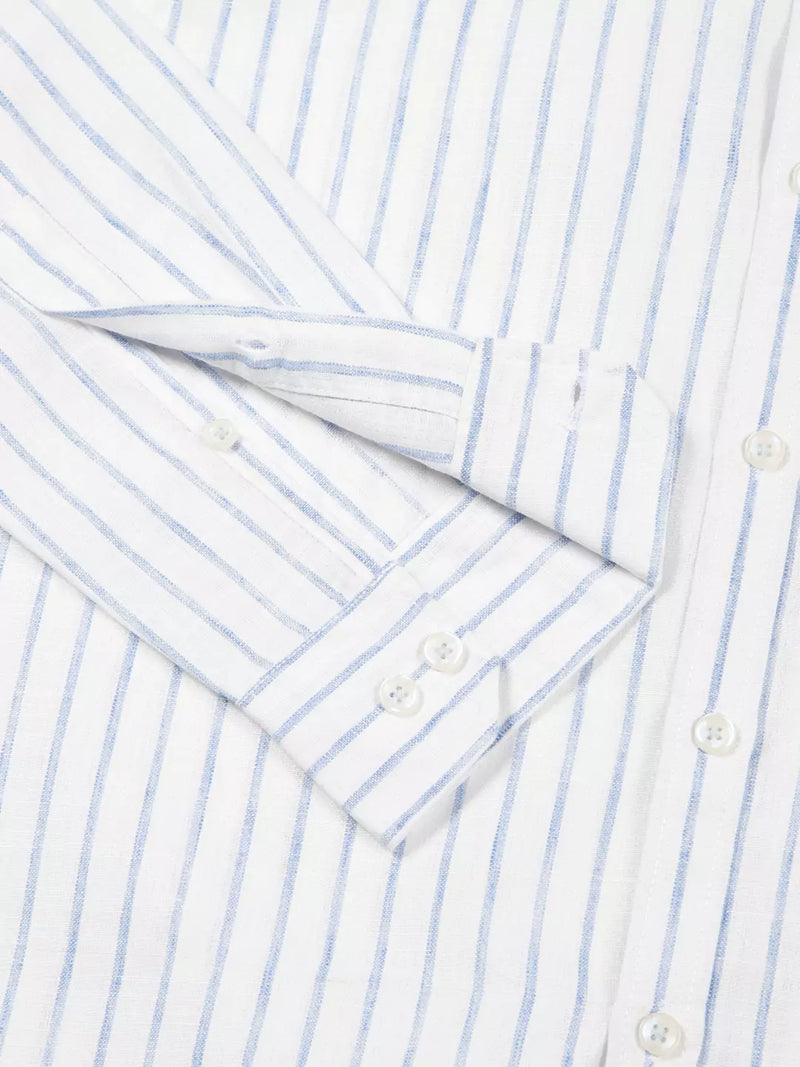 Thomas Scott Men Premium Slim Fit Striped Roll-Up Sleeves Linen Cotton Casual Shirt