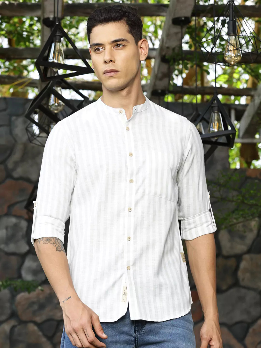 Thomas Scott Men Premium Linen Slim Fit Opaque Striped Casual Shirt