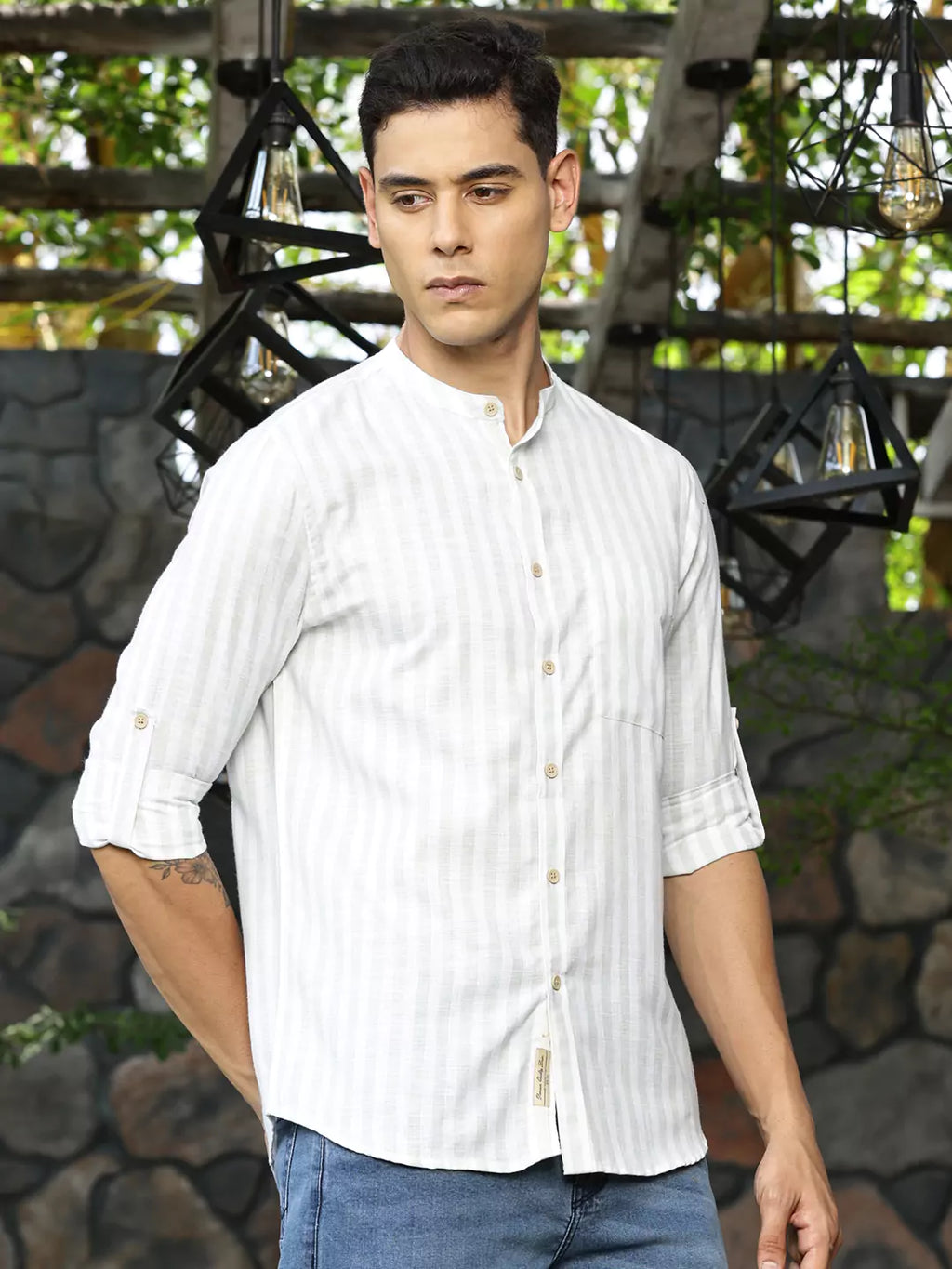 Thomas Scott Men Premium Linen Slim Fit Opaque Striped Casual Shirt