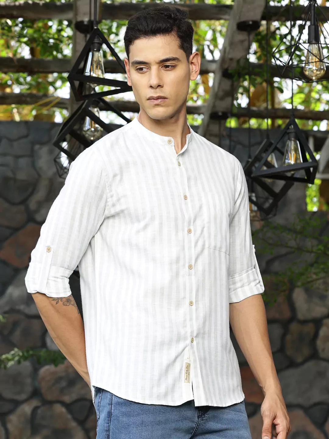 Thomas Scott Men Premium Linen Slim Fit Opaque Striped Casual Shirt