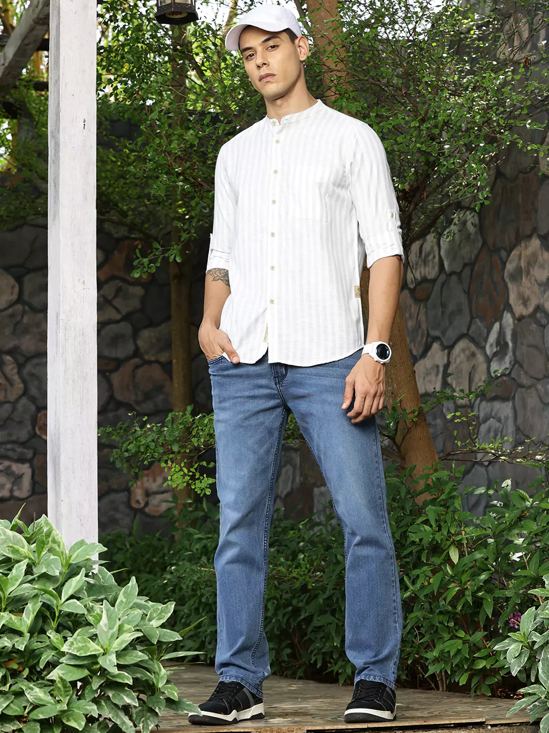 Thomas Scott Men Premium Linen Slim Fit Opaque Striped Casual Shirt