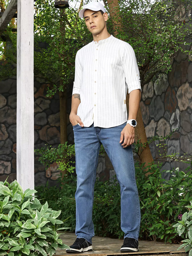 Thomas Scott Men Premium Linen Slim Fit Opaque Striped Casual Shirt