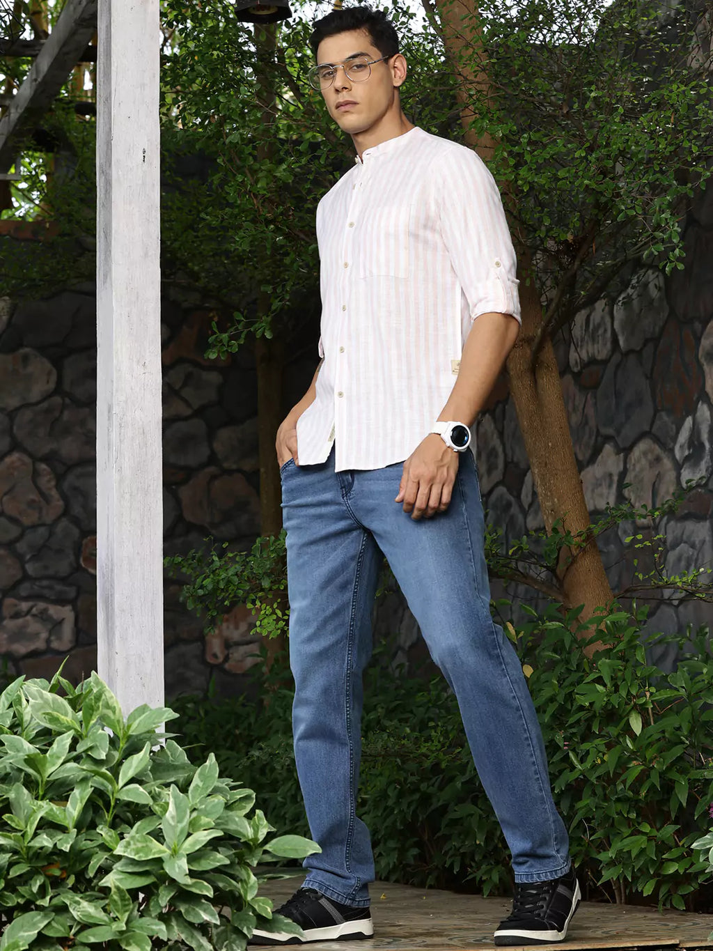 Thomas Scott Men Premium Linen Slim Fit Opaque Checked Casual Shirt