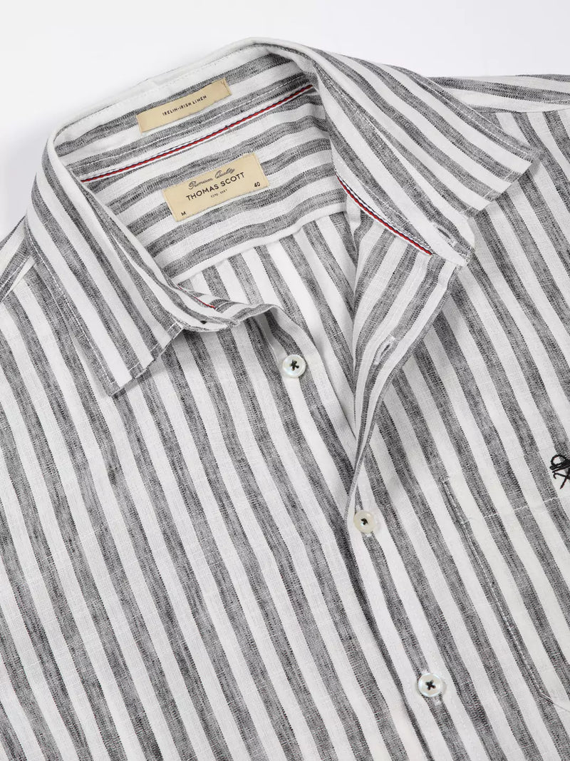 Thomas Scott Men Premium Linen Slim Fit Striped Spread Collar Casual Shirt