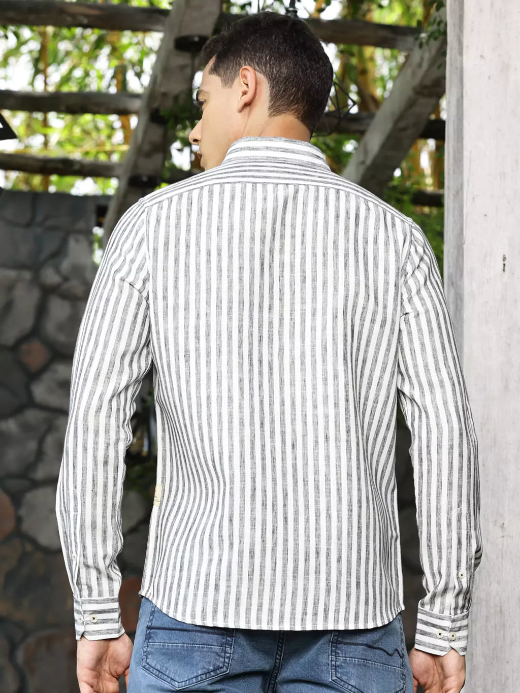 Thomas Scott Men Premium Linen Slim Fit Striped Spread Collar Casual Shirt