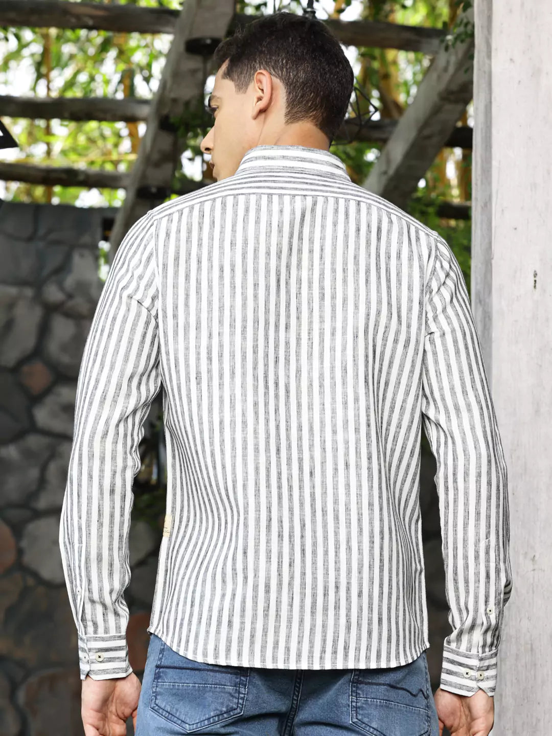 Thomas Scott Men Premium Linen Slim Fit Striped Spread Collar Casual Shirt