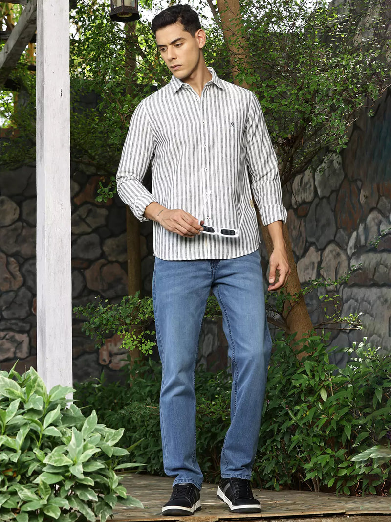 Thomas Scott Men Premium Linen Slim Fit Striped Spread Collar Casual Shirt
