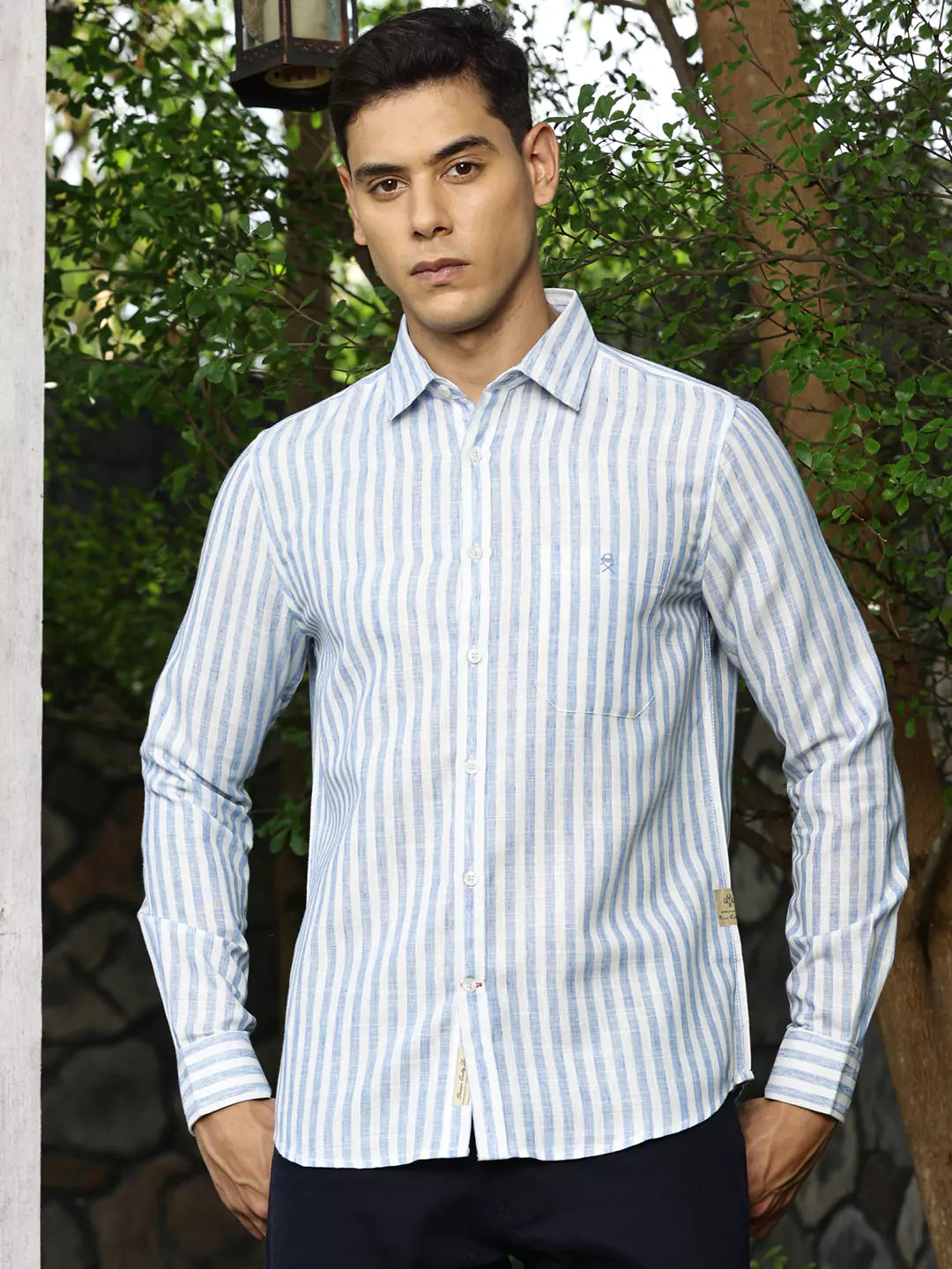 Thomas Scott Men Premium Linen Slim Fit Striped Spread Collar Casual Shirt