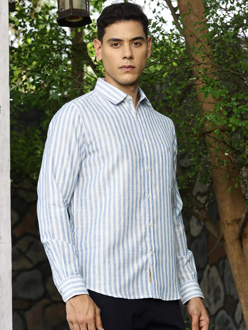 Thomas Scott Men Premium Linen Slim Fit Striped Spread Collar Casual Shirt