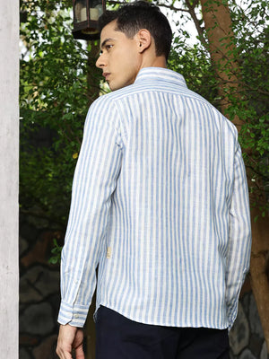 Thomas Scott Men Premium Linen Slim Fit Striped Spread Collar Casual Shirt