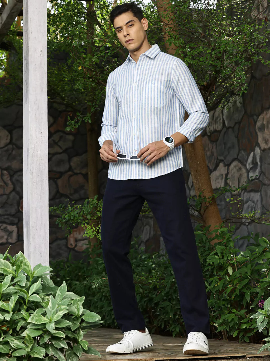 Thomas Scott Men Premium Linen Slim Fit Striped Spread Collar Casual Shirt