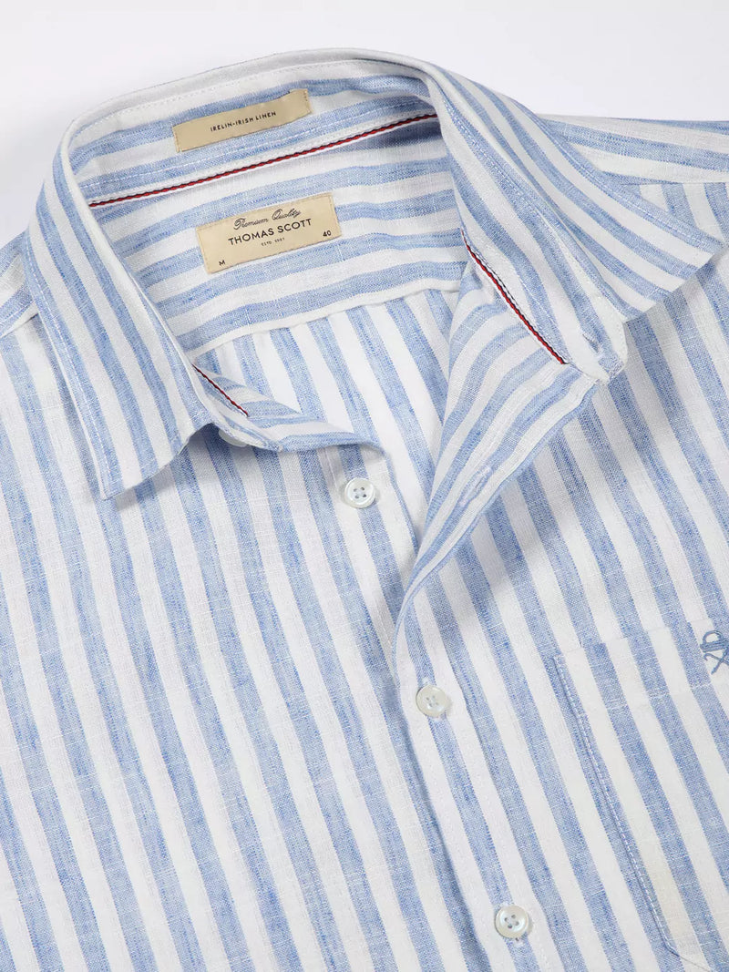 Thomas Scott Men Premium Linen Slim Fit Striped Spread Collar Casual Shirt