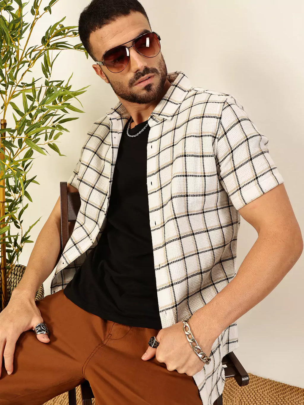 Thomas Scott Men Premium Slim Fit Windowpane Checked Casual Shirt