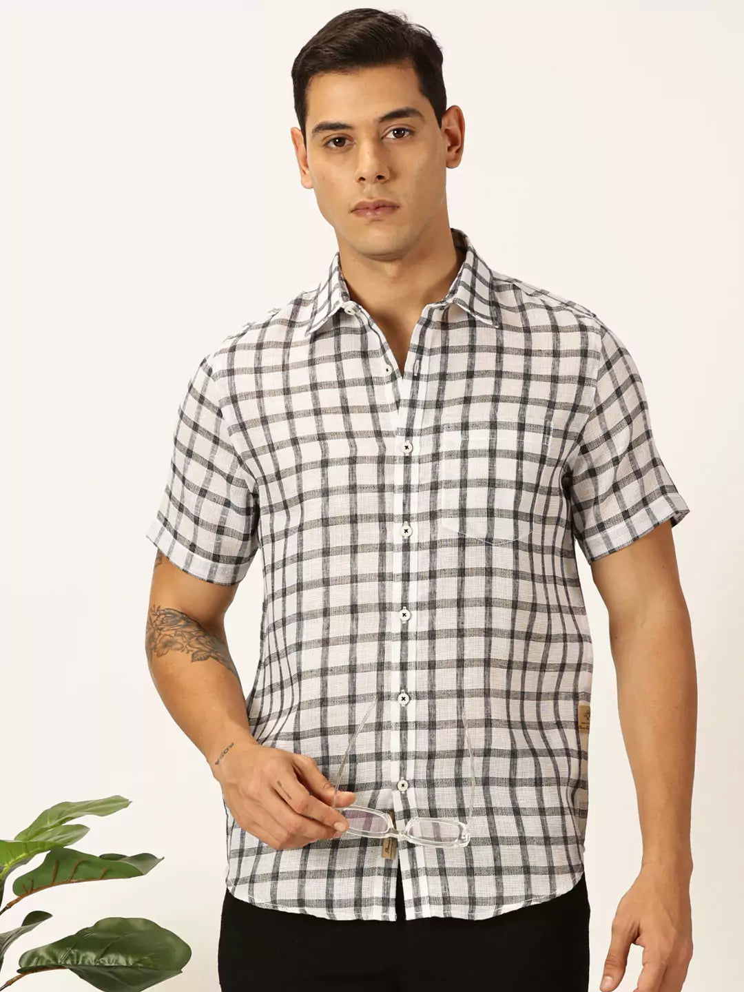 Thomas Scott Men Premium Tartan Checks Checked Cotton & Linen Casual Shirt