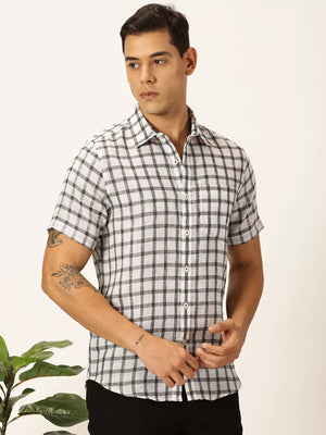 Thomas Scott Men Premium Tartan Checks Checked Cotton & Linen Casual Shirt