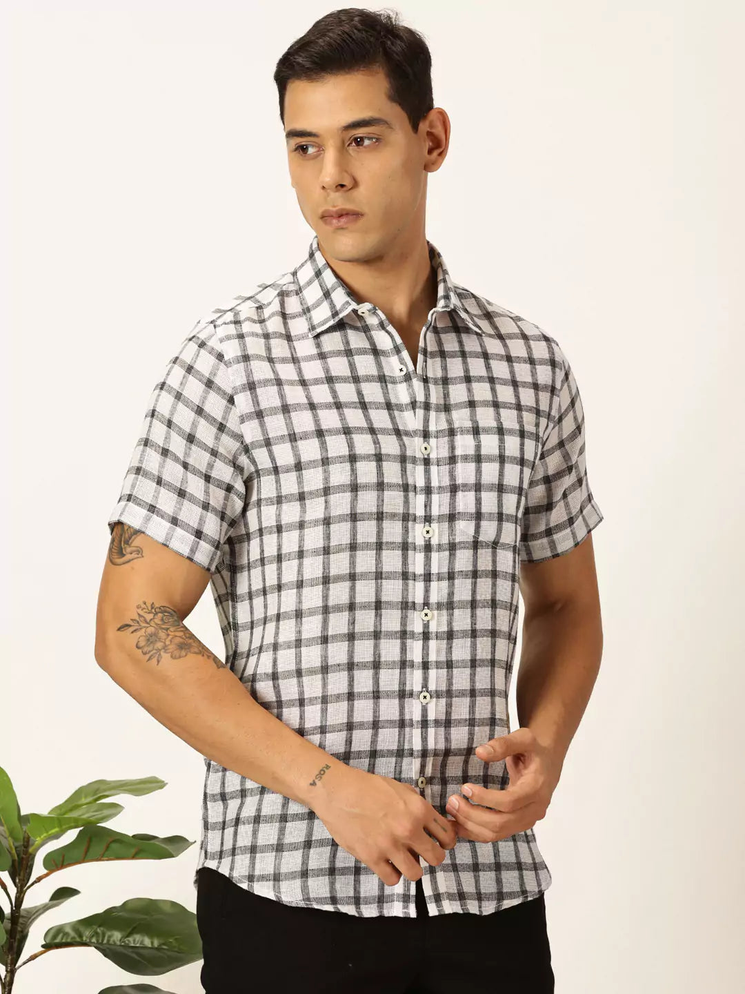 Thomas Scott Men Premium Tartan Checks Checked Cotton & Linen Casual Shirt