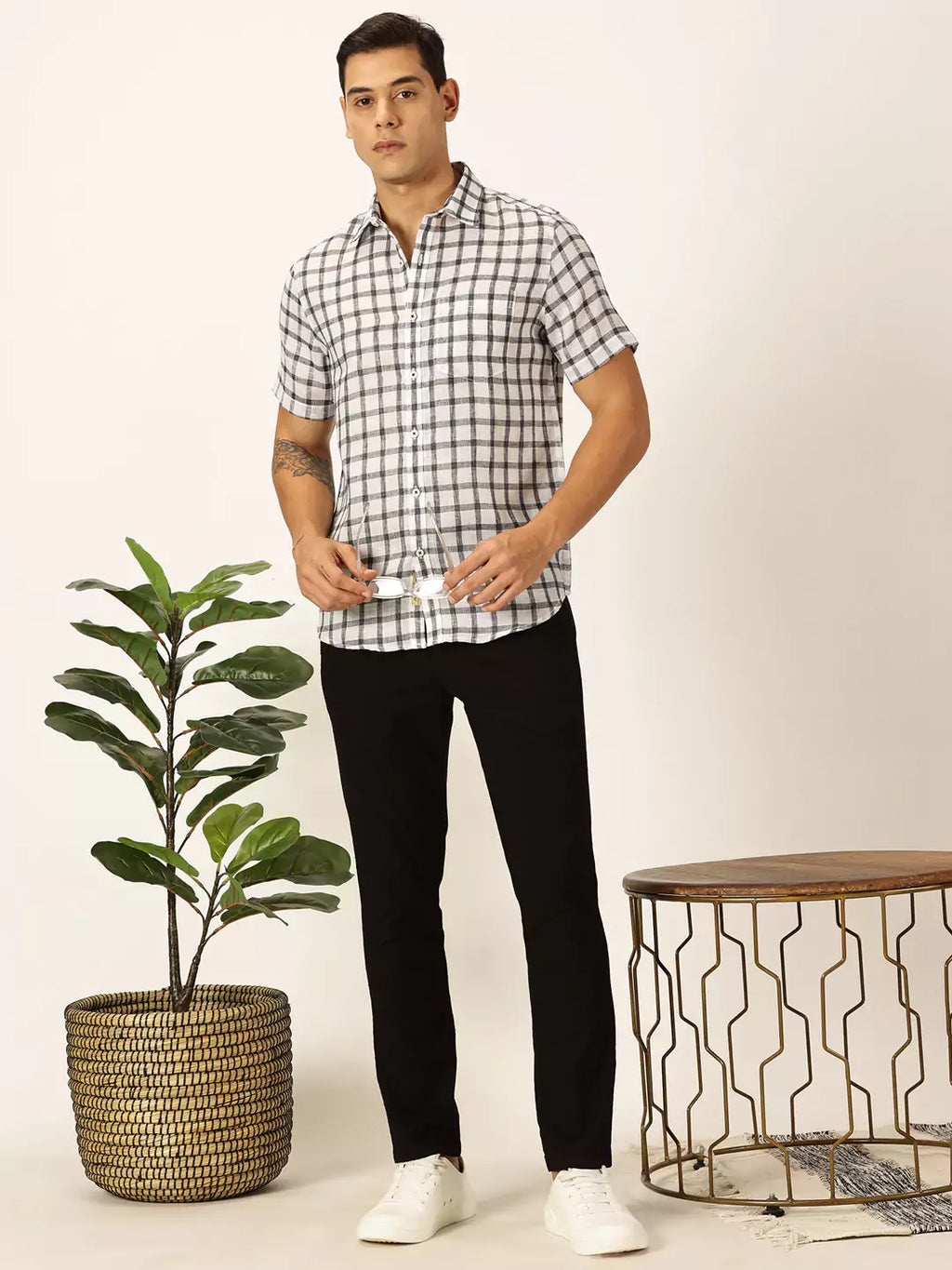 Thomas Scott Men Premium Tartan Checks Checked Cotton & Linen Casual Shirt