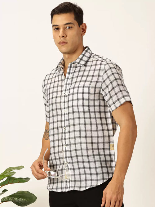 Thomas Scott Men Premium Tartan Checks Checked Cotton & Linen Casual Shirt