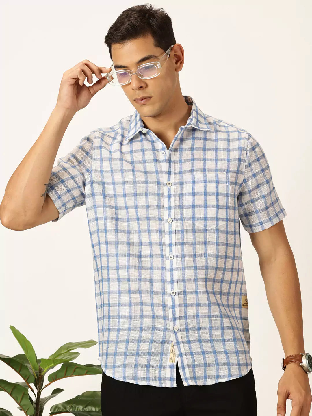 Thomas Scott Men Premium Tartan Checks Checked Cotton & Linen Casual Shirt