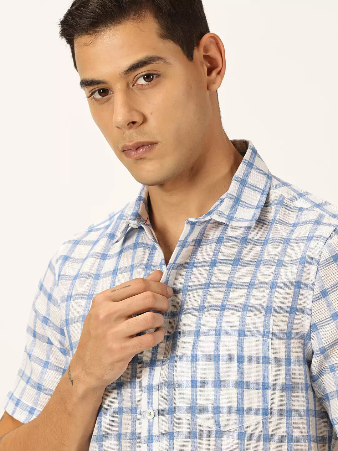 Thomas Scott Men Premium Tartan Checks Checked Cotton & Linen Casual Shirt