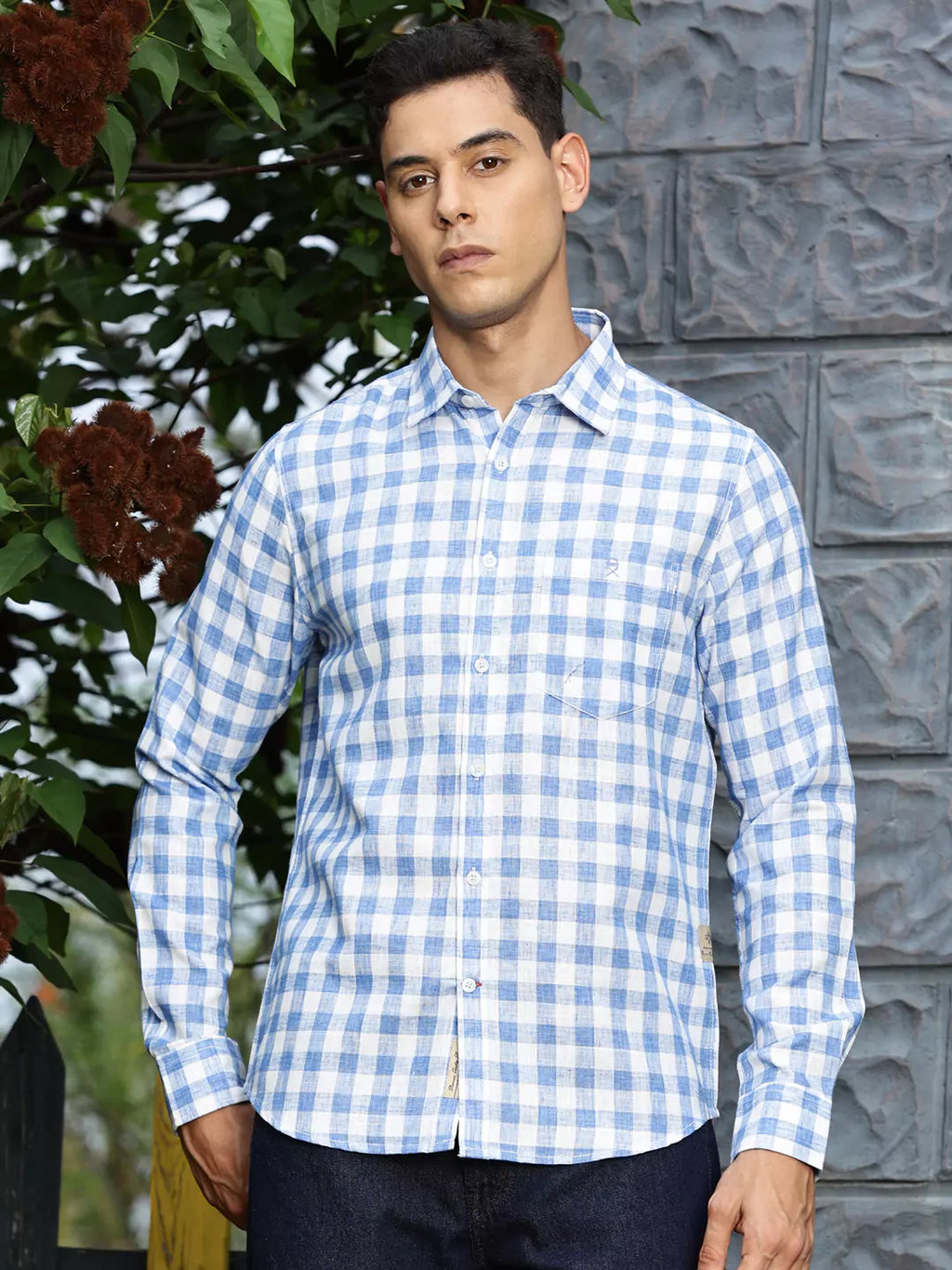 Thomas Scott Men Premium Slim Fit Checked Spread Collar Linen Cotton Casual Shirt