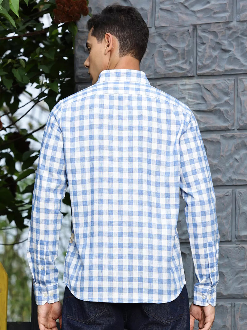 Thomas Scott Men Premium Slim Fit Checked Spread Collar Linen Cotton Casual Shirt