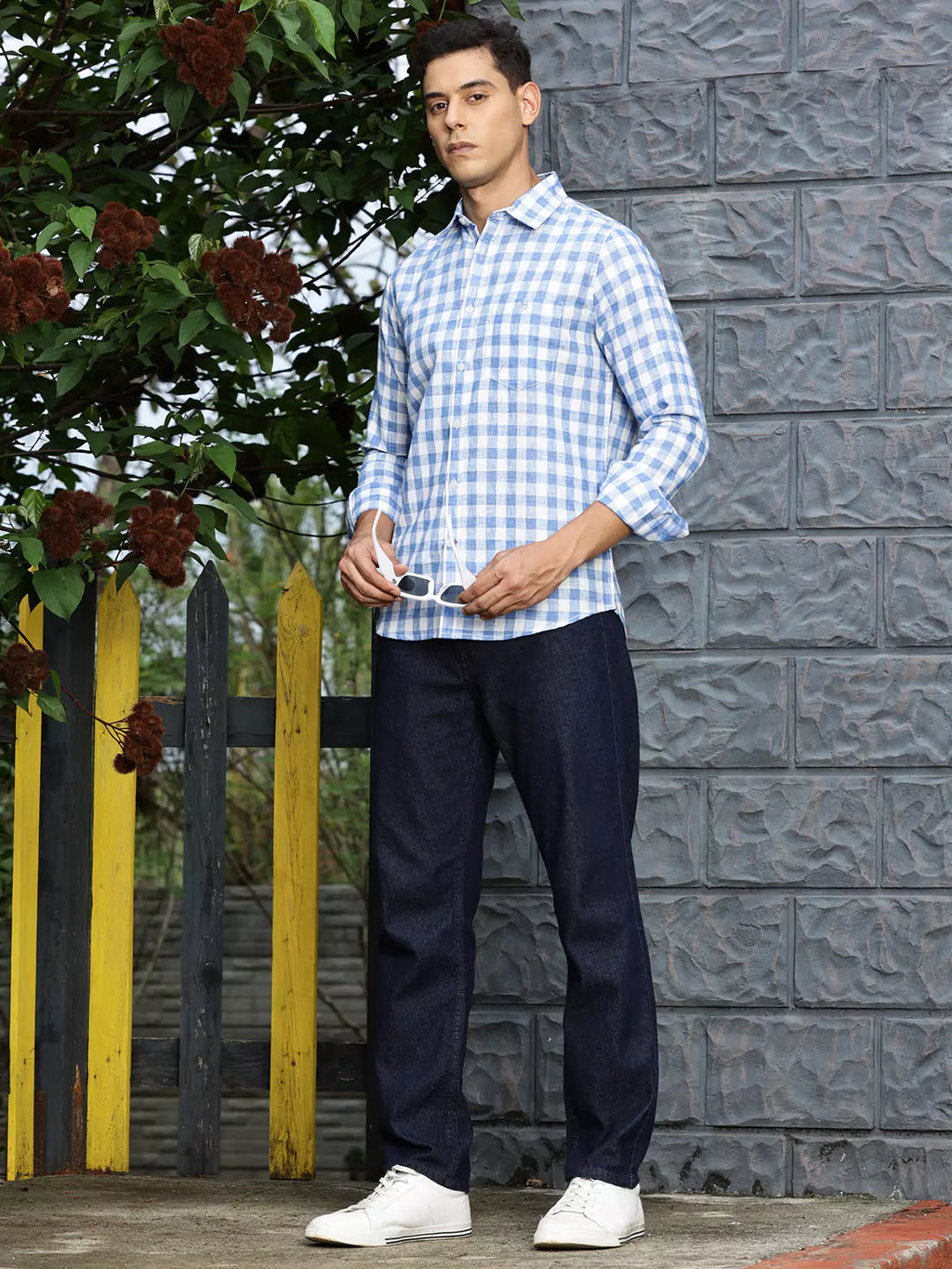 Thomas Scott Men Premium Slim Fit Checked Spread Collar Linen Cotton Casual Shirt