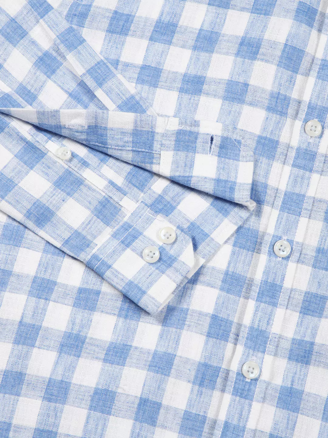 Thomas Scott Men Premium Slim Fit Checked Spread Collar Linen Cotton Casual Shirt