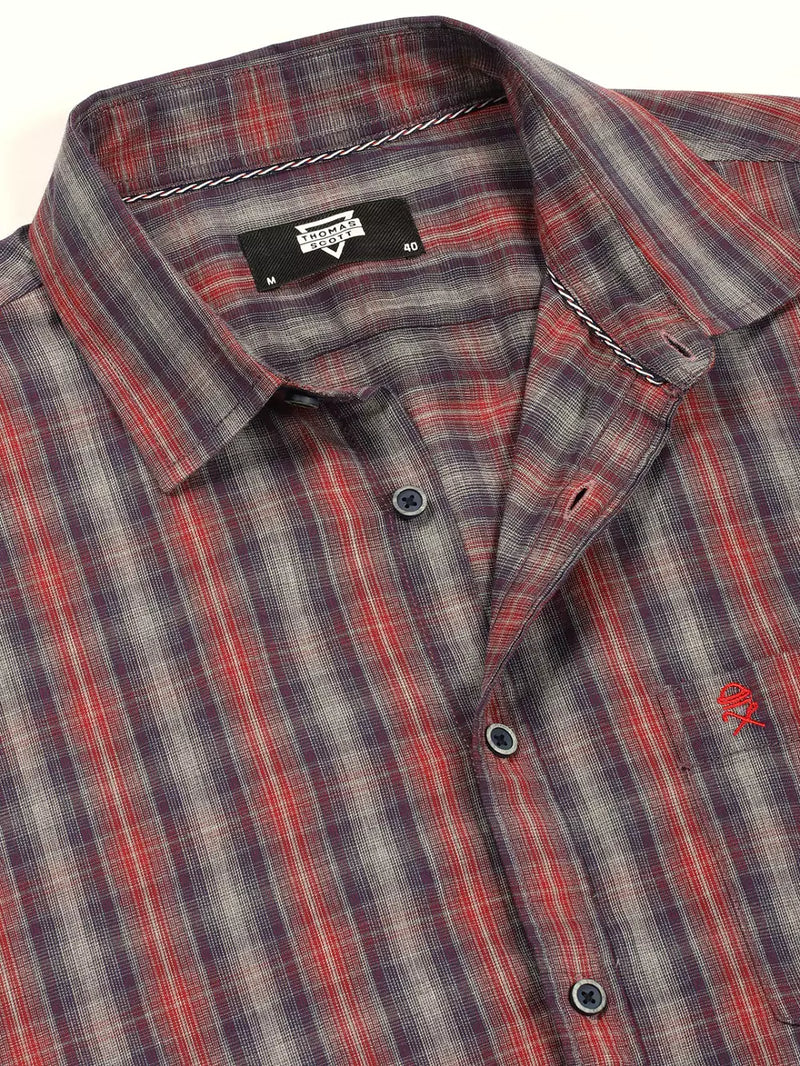 Thomas Scott Men Premium Spread Collar Multi Striped Cotton Slim Fit Casual Shirt