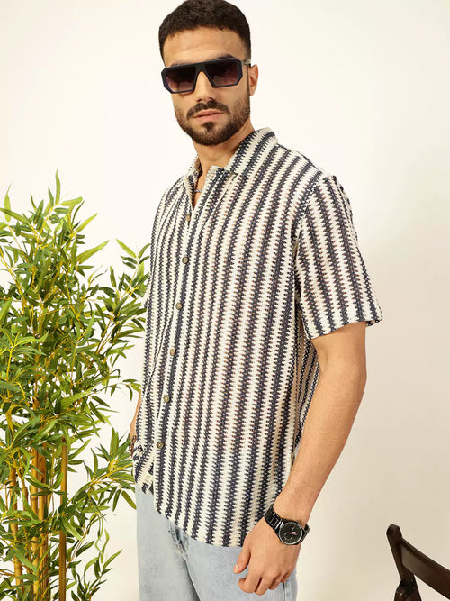 Thomas Scott Men Self Design Textured Cotton Regular Fit Semi-Sheer Casual Crochet Shirt