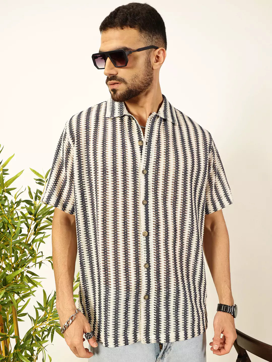 Thomas Scott Men Self Design Textured Cotton Regular Fit Semi-Sheer Casual Crochet Shirt