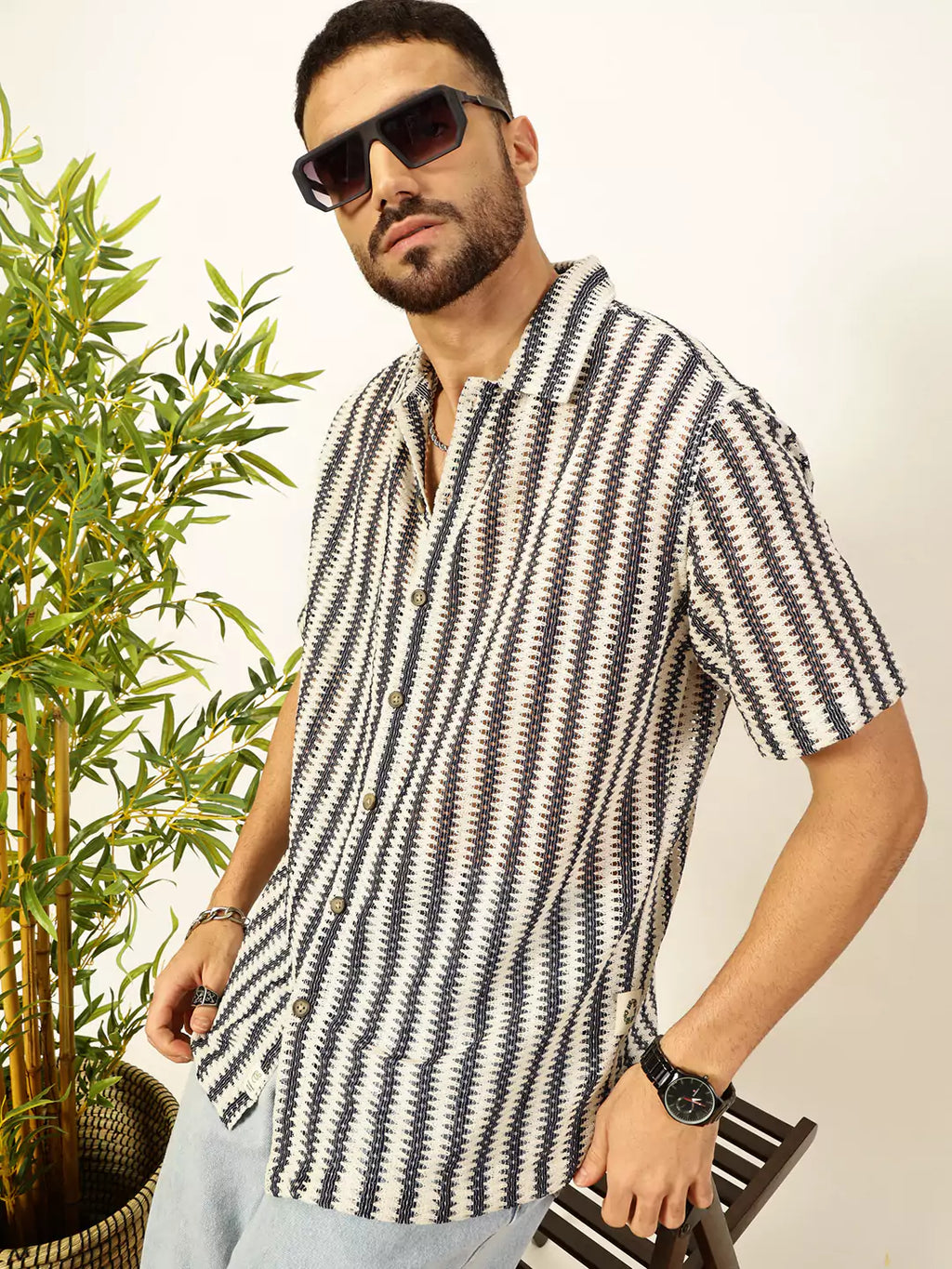 Thomas Scott Men Self Design Textured Cotton Regular Fit Semi-Sheer Casual Crochet Shirt