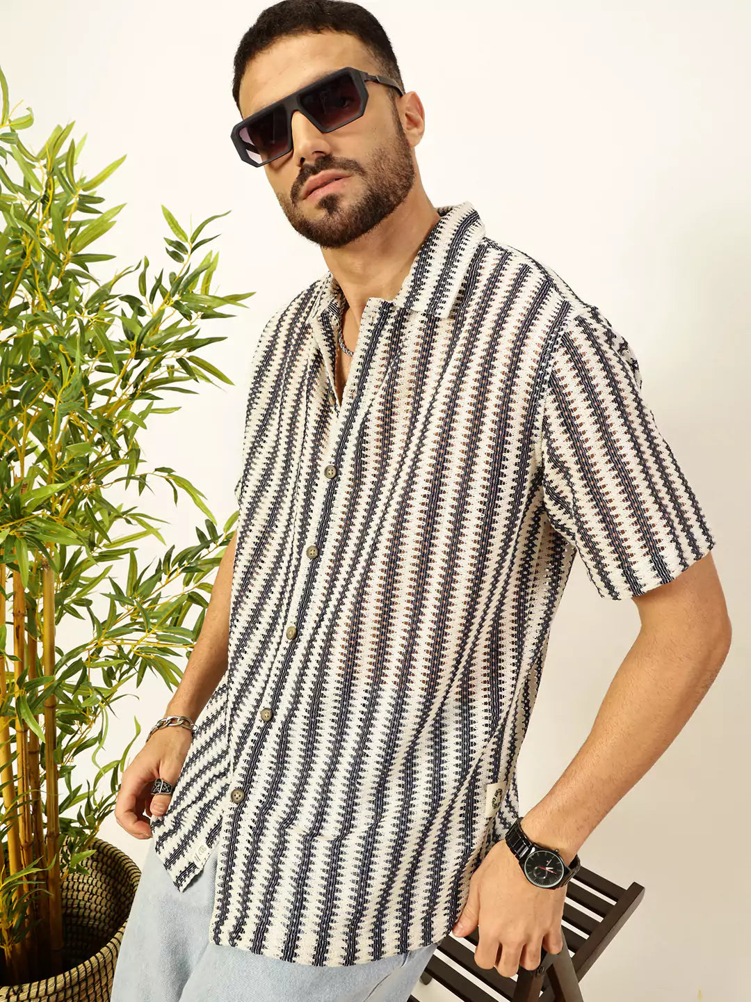 Thomas Scott Men Self Design Textured Cotton Regular Fit Semi-Sheer Casual Crochet Shirt