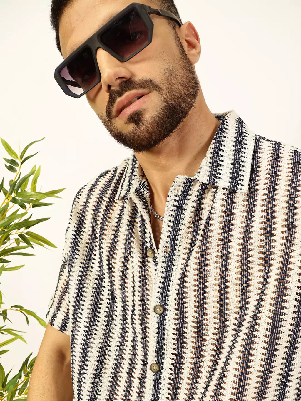 Thomas Scott Men Self Design Textured Cotton Regular Fit Semi-Sheer Casual Crochet Shirt