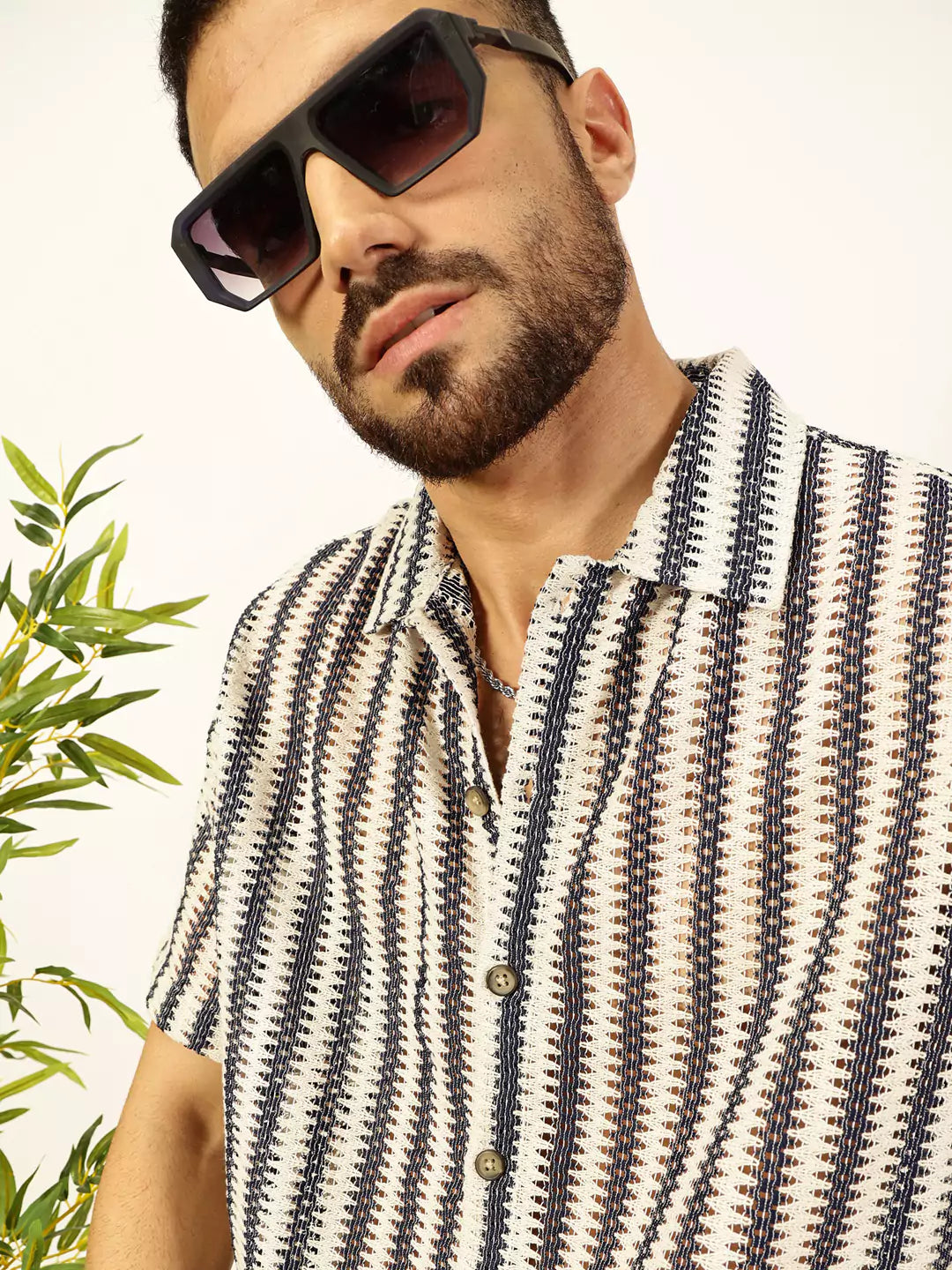 Thomas Scott Men Self Design Textured Cotton Regular Fit Semi-Sheer Casual Crochet Shirt