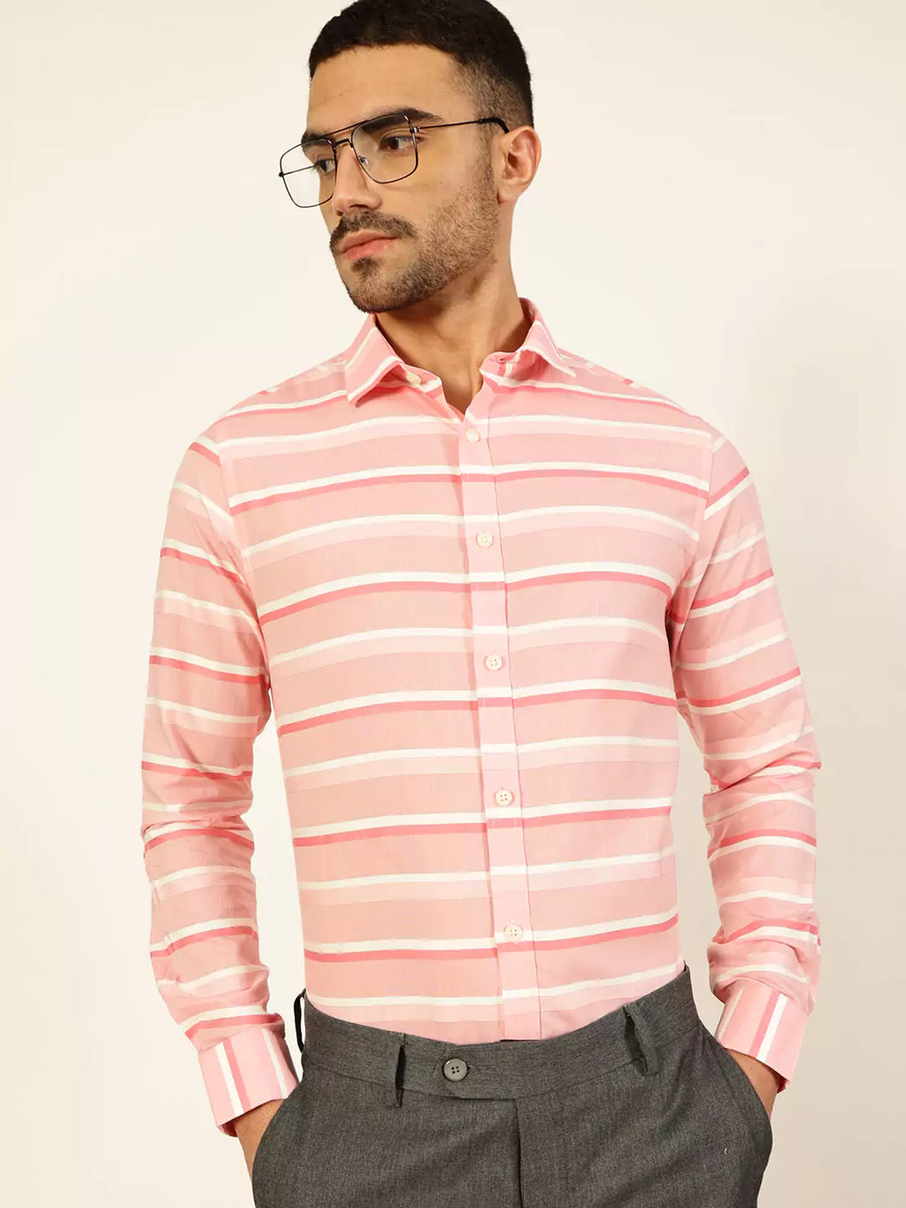 Thomas Scott Men Premium Spread Collar Striped Cotton Formal Shirt