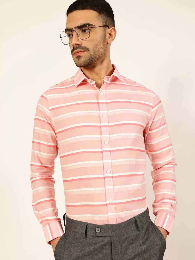 Thomas Scott Men Premium Spread Collar Striped Cotton Formal Shirt