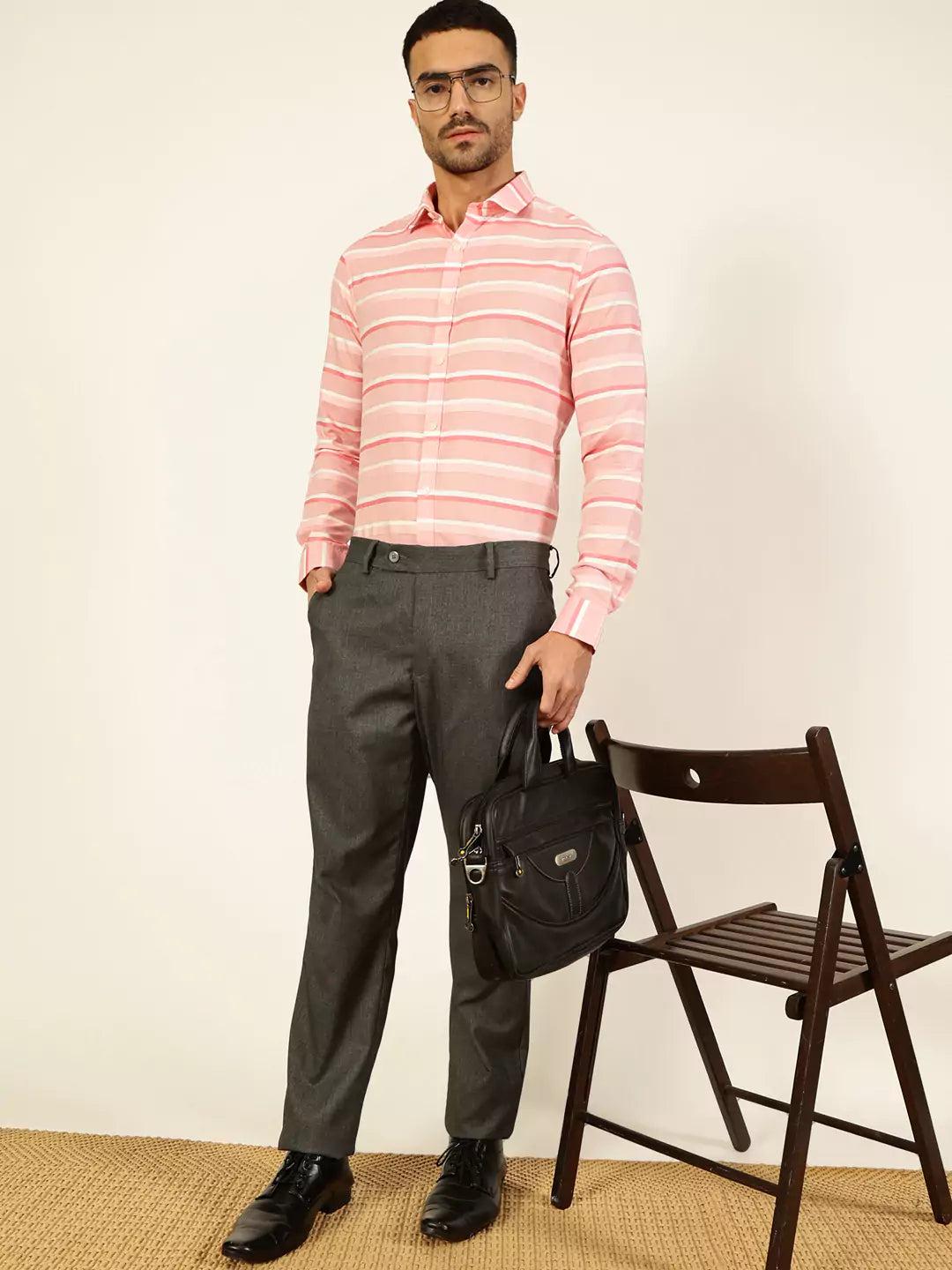 Thomas Scott Men Premium Spread Collar Striped Cotton Formal Shirt