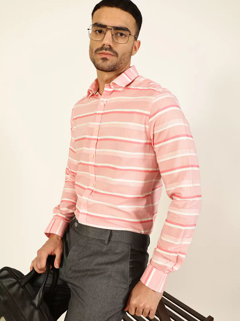 Thomas Scott Men Premium Spread Collar Striped Cotton Formal Shirt