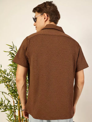 Thomas Scott Men Classic Spread Collar Textured Printed Oversized Casual Shirt