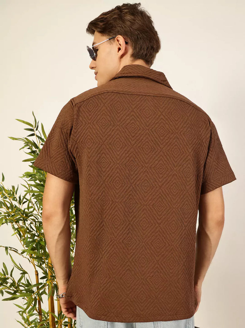 Thomas Scott Men Classic Spread Collar Textured Printed Oversized Casual Shirt